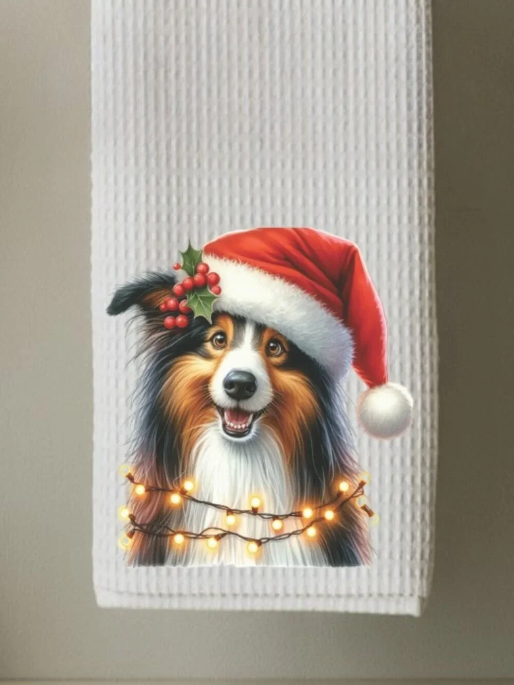 Shetland Sheepdog Christmas Lights Decorative Kitchen Tea Towel